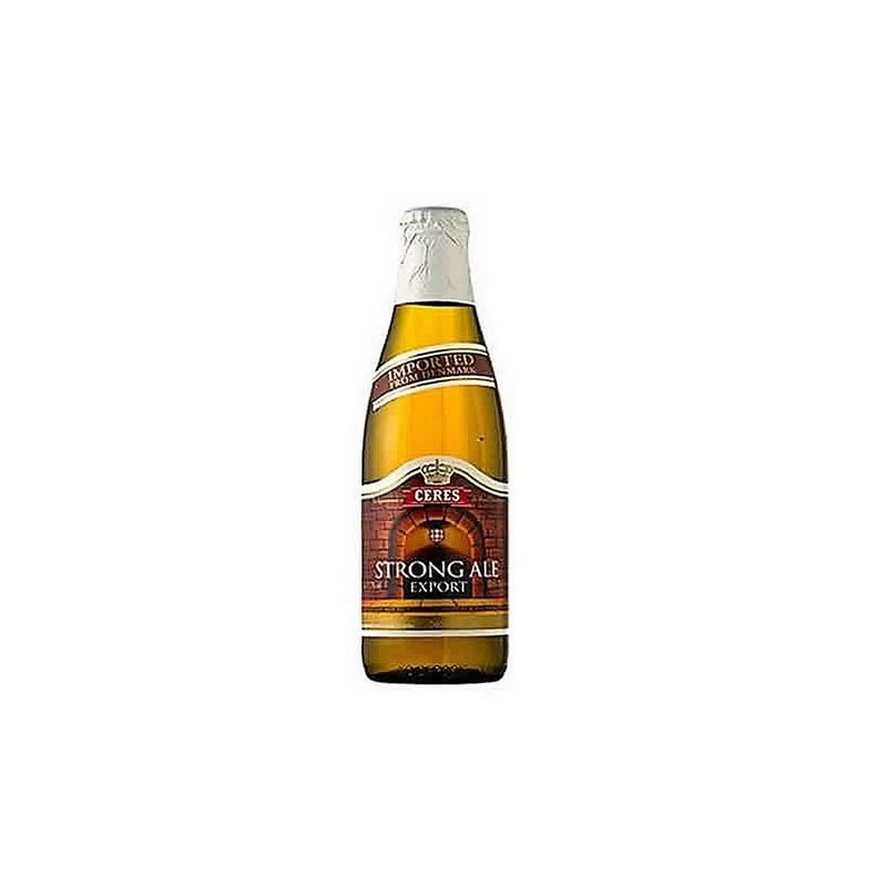 Bottle of Ceres Strong Ale Export beer with white foil and crest label, imported from Denmark